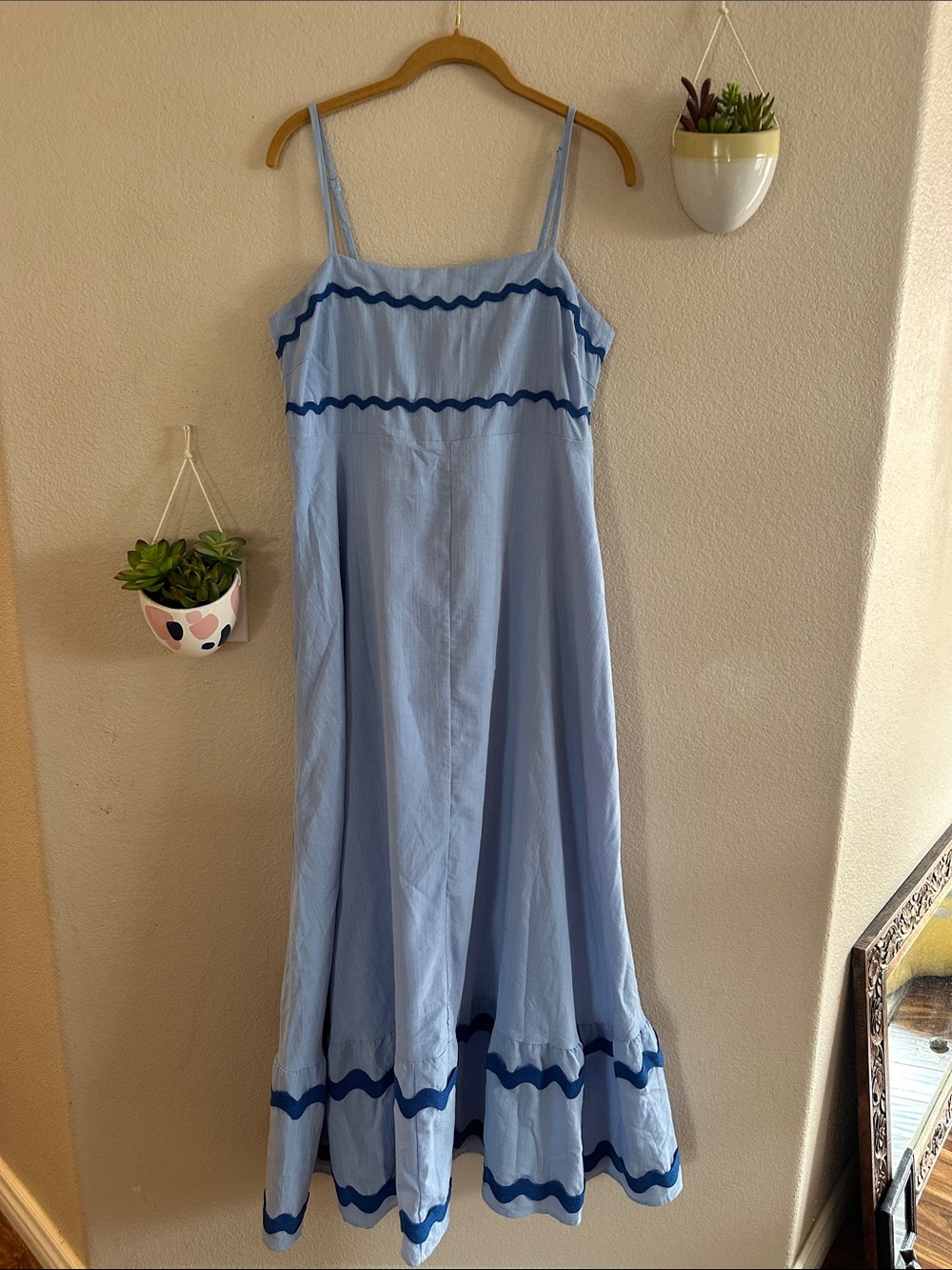Pretty Garden Ric Rac Smocked Maxi Blue Vintage Dress Large